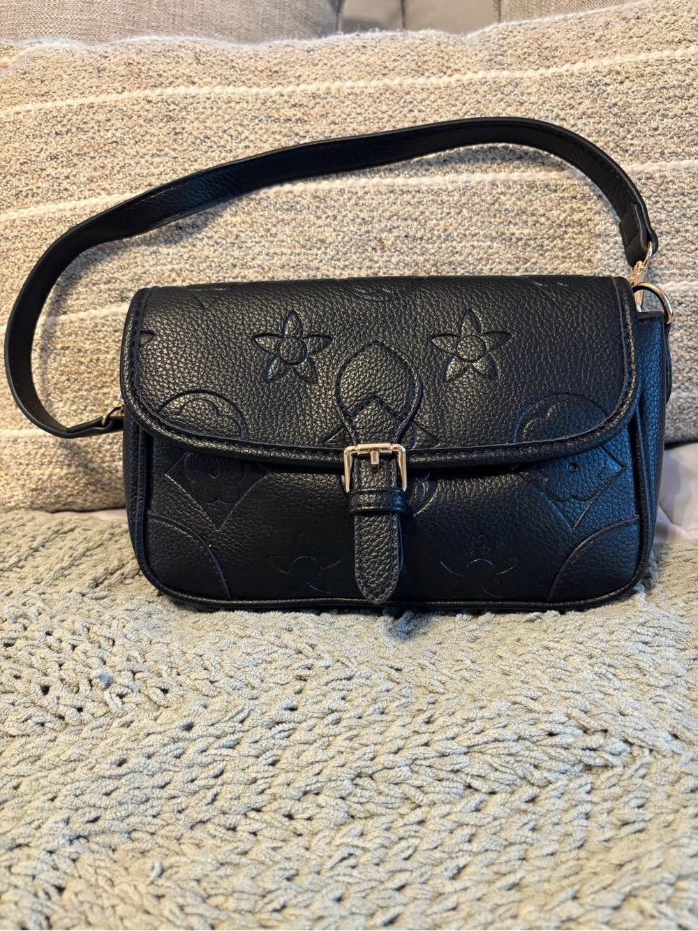 Black Embossed Leather Shoulder Bag - Classic Women's Handbag